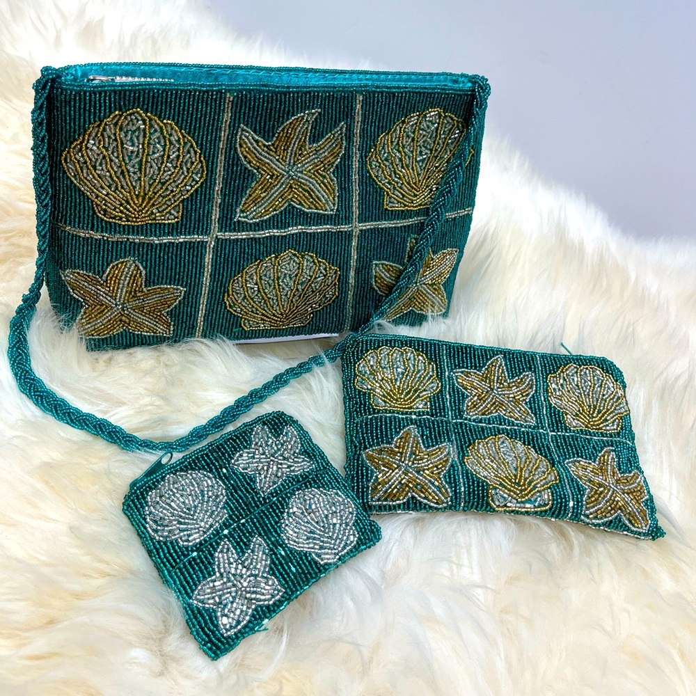 Vintage Emerald Green Beaded Shell Print Hand Bag Set of Three Bags Bundle